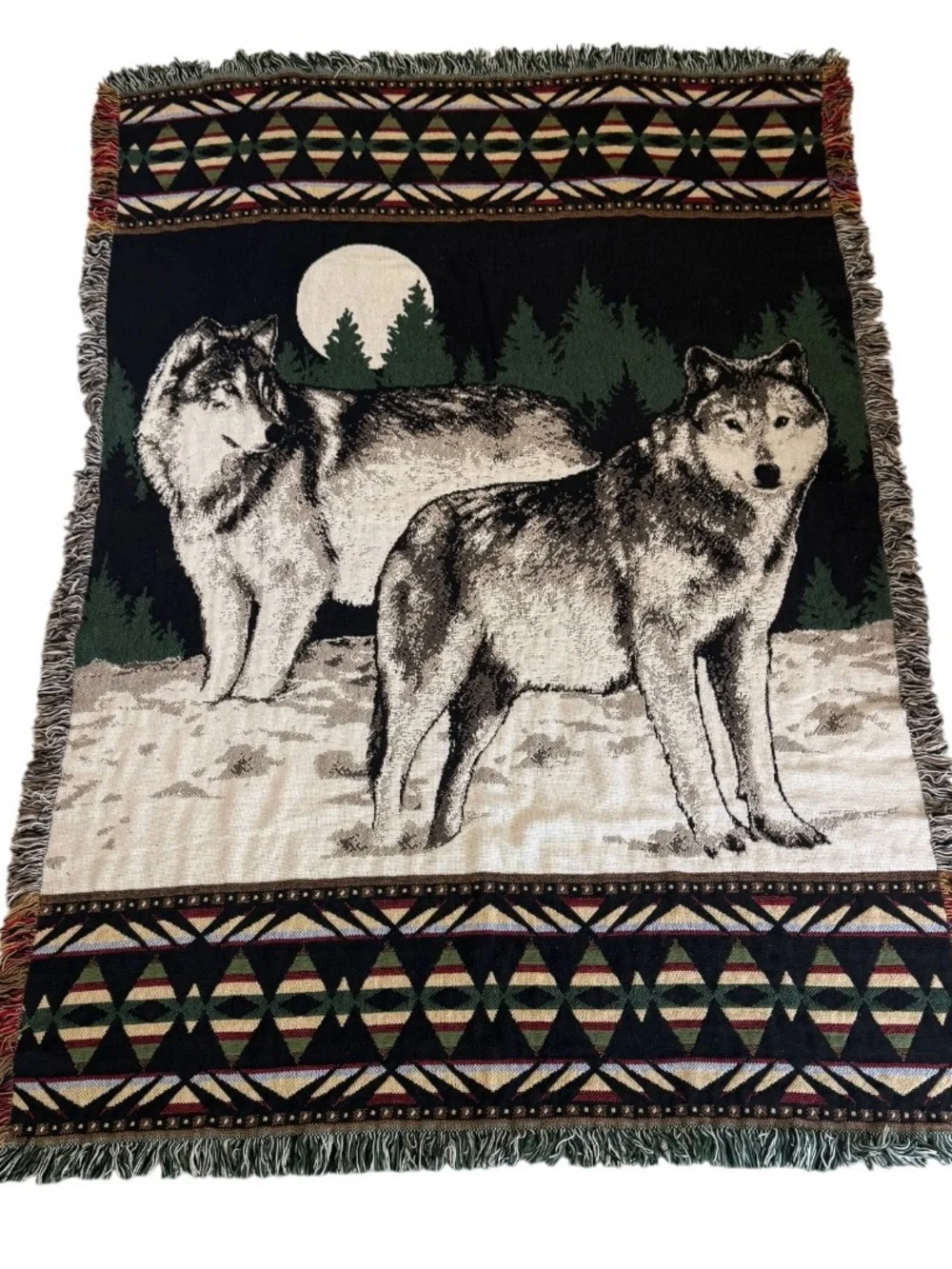 Vintage Woven Tapestry Throw Blanket 2 Gray Wolves Wolf Wall Hanging 46x70